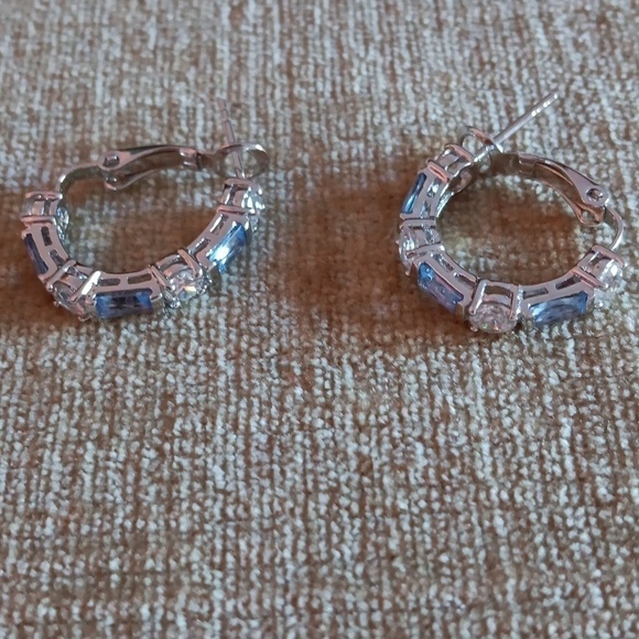 Silver Tone Rhinestone Lever Back Hoop Earrings - Picture 6 of 7